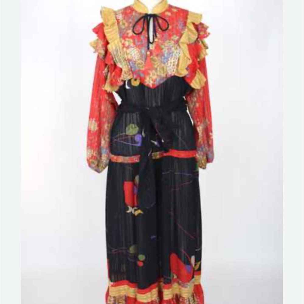 Black and Red Ruffled Tie Front Midi Dress